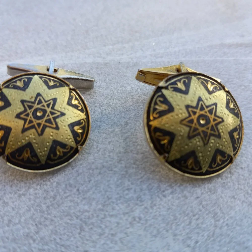 Spanish Damascene Octagram Cufflinks ~ Black & Gold